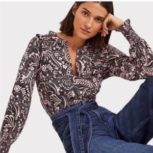 Boden Notch Neck Smocked Frill Jersey Top